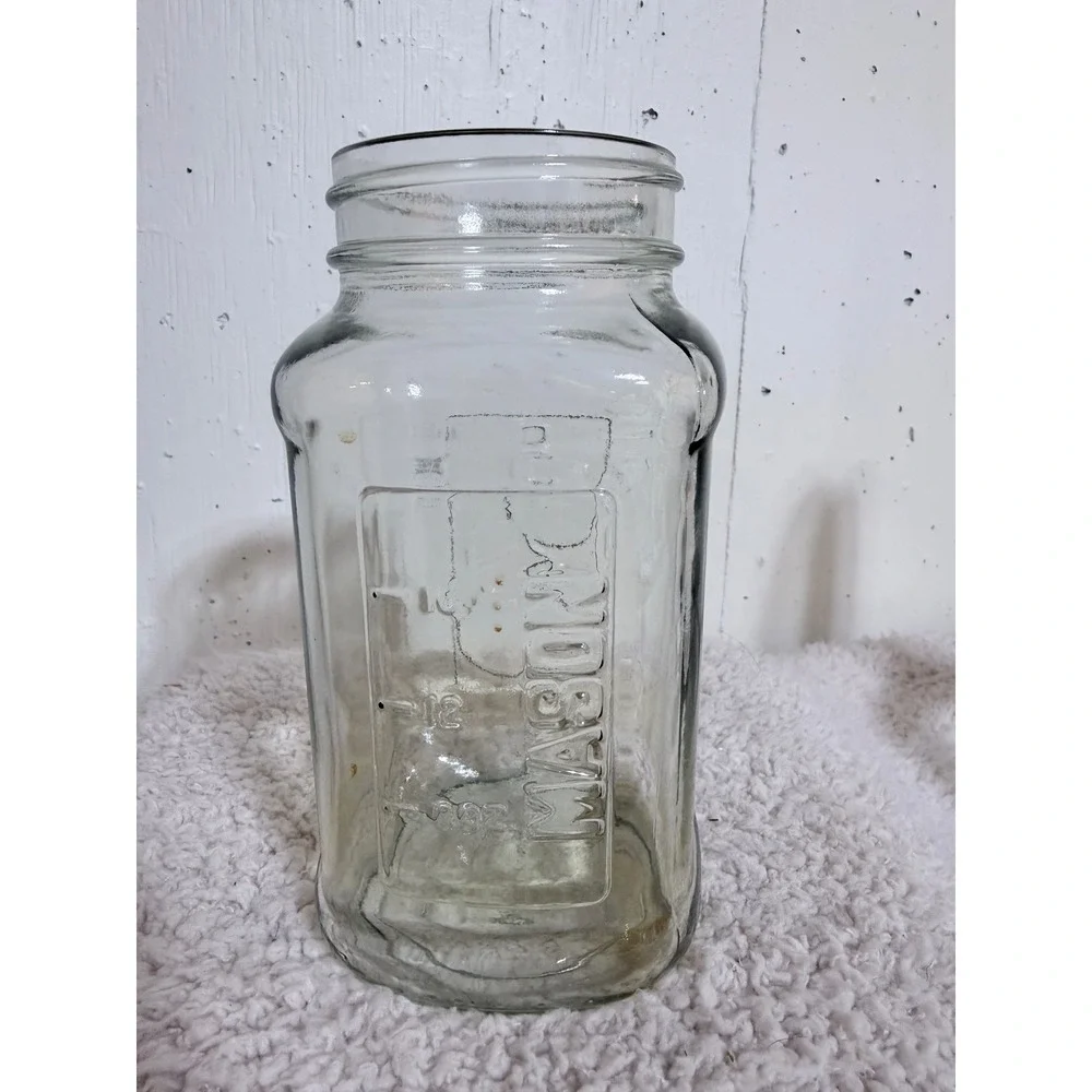 Vintage Clear Glass Mason Jar Embossed Fruit Vegetable 12oz Storage Canister 7in
